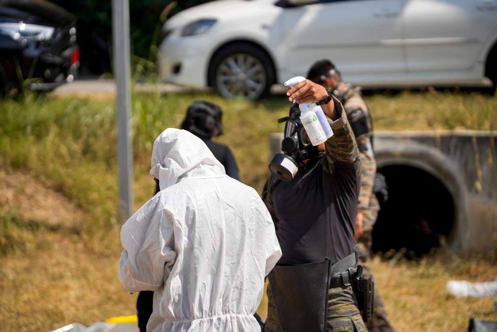 CBRN emergency drill with protective suits and HEYL SD-1 decontamination spray